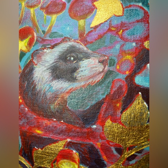 Ferret Mushroom Gold Accent Painting Original Art honeybee Artwork Artettina USA - Picture 4 of 11